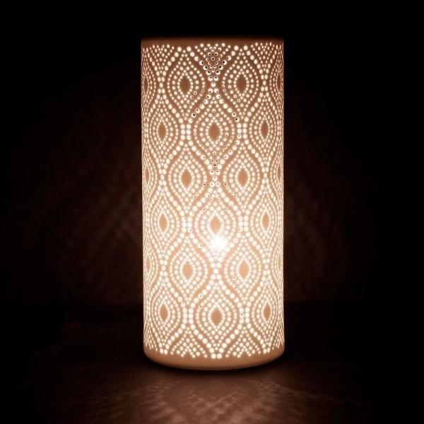 lampe d'ambiance cylindrique en porcelaine avec motifs orientaux