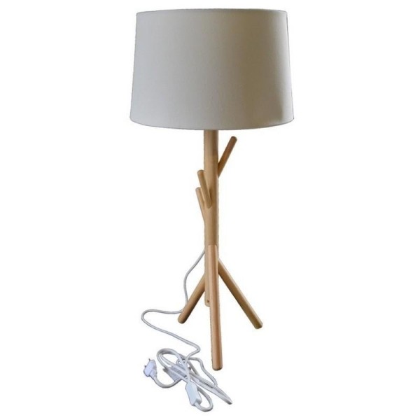 Lampe de bureau à poser en bois blanc. Vendu avec abat-jour