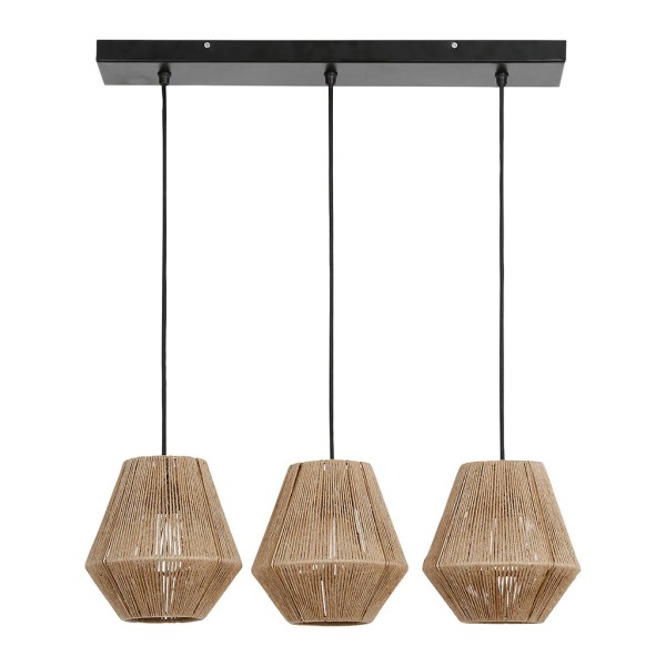 SUSPENSION 3 LAMPES KORDA NAT+NOIR 61X20X75CM